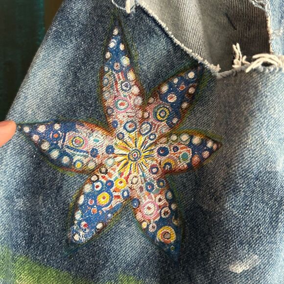 Patchwork Denim Jumper Skirt Upcycled Overall Dress Painted One of a Kind OS - Picture 10 of 16